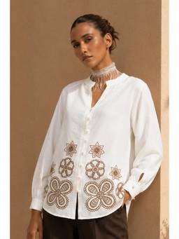 Sheczzar - White Linen Mandarin Neck Regular Fit Full Sleeves Embroidered Top
