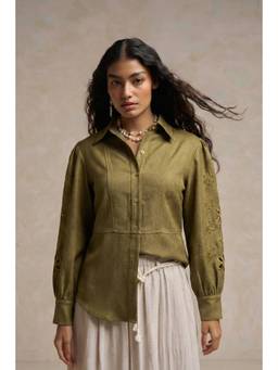 Sheczzar - Olive Cotton Collar Neck Regular Fit Full Sleeves Embroidered Shirt