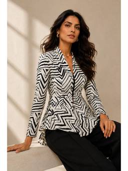 Sheczzar - White Linen V-Neck Regular Fit Full Sleeves Printed Top