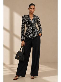 Sheczzar - Black Linen V-Neck Regular Fit Full Sleeves Printed Top