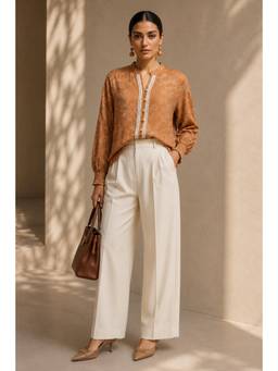 Sheczzar - Rust Linen Mandarin Neck Regular Fit Full Sleeves Printed Top