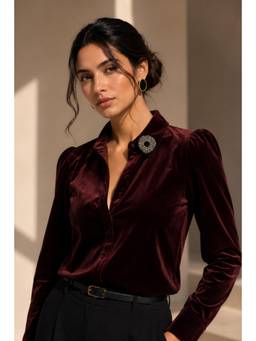 Sheczzar - Maroon Velvet Collar Neck Regular Fit Full Sleeves Solid Shirt