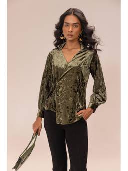 Sheczzar - Olive Velvet V-Neck Regular Fit Full Sleeves Embroidered Top