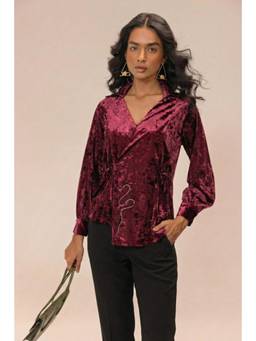Sheczzar - Maroon Velvet V-Neck Regular Fit Full Sleeves Embroidered Top
