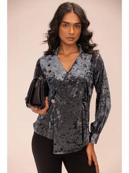 Sheczzar - Charcoal Velvet V-Neck Regular Fit Full Sleeves Solid Top