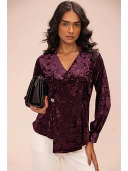 Sheczzar - Maroon Velvet V-Neck Regular Fit Full Sleeves Solid Top