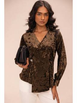 Sheczzar - Brown Velvet V-Neck Regular Fit Full Sleeves Solid Top