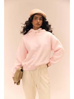Sheczzar - Pink Cotton Blend Hooded Regular Fit Full Sleeves Solid Top