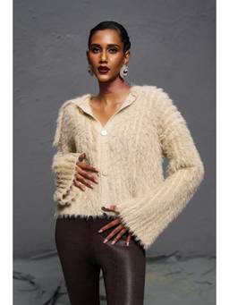 Sheczzar - Beige Wool Hooded Regular Fit Full Sleeves Embellished/Sequined Jacket