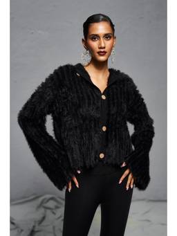 Sheczzar - Black Wool Hooded Regular Fit Full Sleeves Embellished/Sequined Jacket