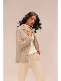 Sheczzar - Beige Cotton Blend Collar Neck Regular Fit Full Sleeves Solid Shacket
