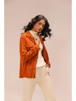 Sheczzar - Orange Cotton Blend Collar Neck Regular Fit Full Sleeves Solid Shacket