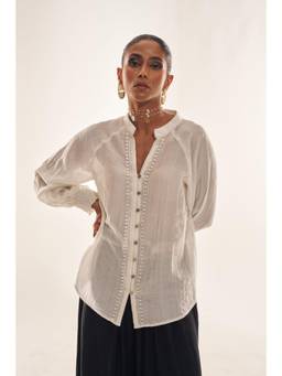 Sheczzar - White Chiffon Mandarin Neck Regular Fit Full Sleeves Solid Top