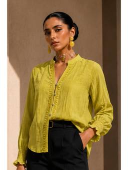 Sheczzar - Green Chiffon Mandarin Neck Regular Fit Full Sleeves Solid Top