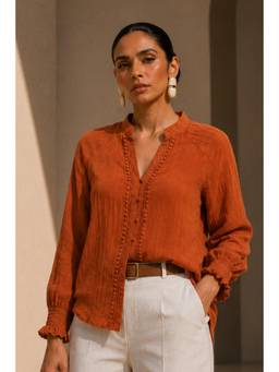 Sheczzar - Rust Chiffon Mandarin Neck Regular Fit Full Sleeves Solid Top