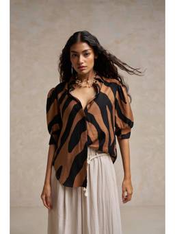 Sheczzar - Brown Linen Mandarin Neck Regular Fit Puff Sleeves Printed Top