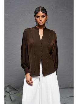Sheczzar - Brown Satin Mandarin Neck Regular Fit Full Sleeves Embellished/Sequined Top