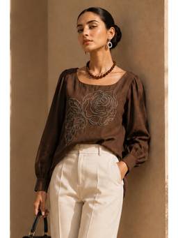 Sheczzar - Brown Cotton Blend Round Neck Regular Fit Puff Sleeves Embroidered Top