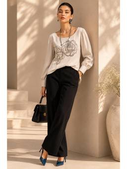 Sheczzar - Off White Cotton Blend Round Neck Regular Fit Puff Sleeves Embroidered Top