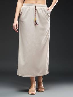 Globus - Beige Polyviscose Straight Fit Mid Waist Self Design Midi Skirt