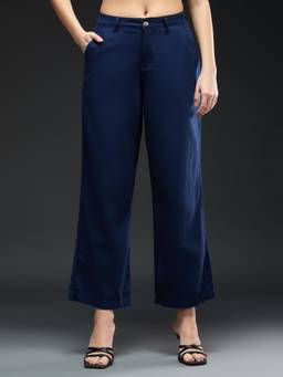 Globus - Navy Blue Cotton Linen Straight Leg Mid Waist Solid Trouser