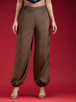 Globus - Brown Satin Tapered Leg Mid Waist Solid Trouser