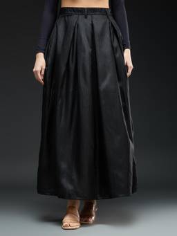 Globus - Black Viscose Blend Flared Fit Mid Waist Solid Maxi Skirt