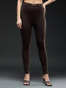 Globus - Brown Viscose Blend Skinny Leg Mid Waist Solid Jeggings