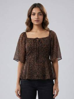 ANVI Be Yourself - Brown Chiffon Square Neck Peplum Fit Half Sleeves Animal Print Top