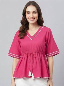 ANVI Be Yourself - Pink Rayon V-Neck Peplum Fit Flared Sleeves Solid Top