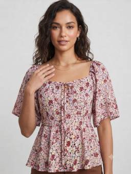 ANVI Be Yourself - Pink Georgette Square Neck Peplum Fit Flared Sleeves Floral Top