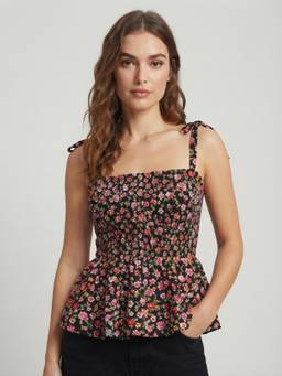 ANVI Be Yourself - Black Crepe Shoulder Straps Regular Fit Sleeveless Floral Top