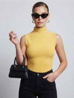 ANVI Be Yourself - Yellow Knitted High Neck Regular Fit Sleeveless Solid Top