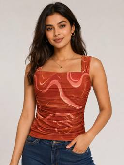 ANVI Be Yourself - Rust Lycra Square Neck Regular Fit Sleeveless Abstract Top