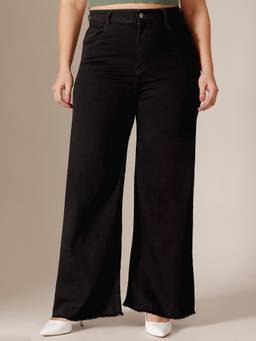 Miss Chase - Black Denim Wide Leg A+ Curve Collection Plus Size Solid Jeans