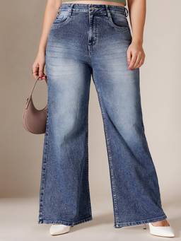 Miss Chase - Blue Denim Wide Leg A+ Curve Collection Plus Size Solid Jeans