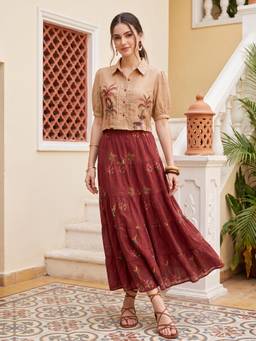 ZUMMER - Beige Pure Cotton Embroidered Shirt With Skirt