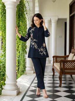 ZUMMER - Navy Blue Pure Cotton Embroidered Co-Ord Set