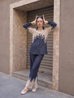 ZUMMER - Navy Blue Cotton Blend Embroidered Co-Ord Set