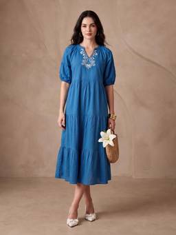ZUMMER - Blue Cotton V-Neck Embroidered Dress