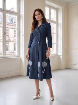 ZUMMER - Navy Blue Cotton Notched Lapel Embroidered Dress