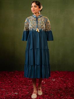 ZUMMER - Blue Viscose Rayon Mandarin Neck Embroidered Dress