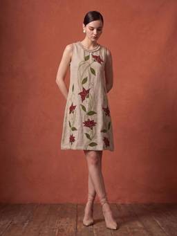 ZUMMER - Beige Jute & Cotton Round Neck Embroidered Dress