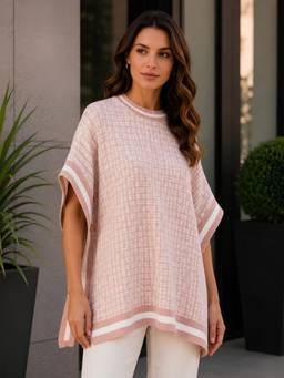 LASOON - Peach Wool Round Neck Checks Trendy Cable Knit Sweater