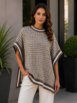 LASOON - Multi-Color Wool Round Neck Checks Trendy Cable Knit Sweater