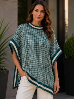 LASOON - Turquoise Wool Round Neck Checks Trendy Cable Knit Sweater