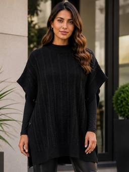 LASOON - Black Wool Turtle Neck Self Design Trendy Cable Knit Sweater