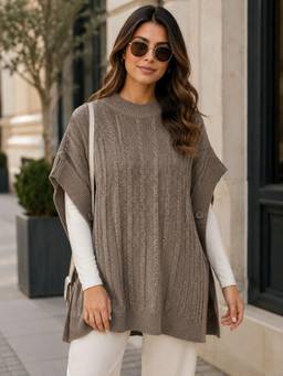 LASOON - Tan Wool High Neck Self Design Trendy Cable Knit Sweater