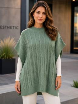 LASOON - Green Wool High Neck Self Design Trendy Cable Knit Sweater