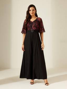 Miss Chase - Women Pink Black V-Neck Floral Wide Leg Jumpsuit
